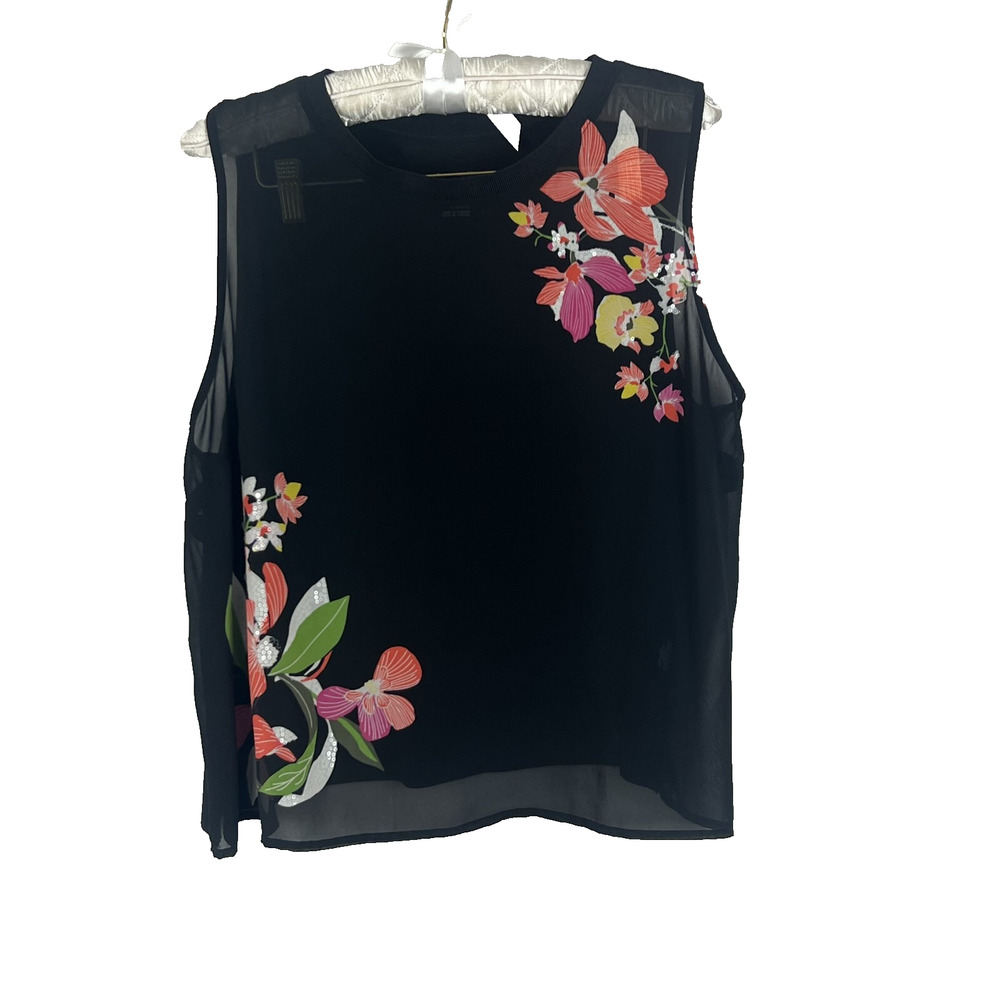 A New Day Tank Top Women's X-Large Black Floral Beach Summer Sheer Overlay